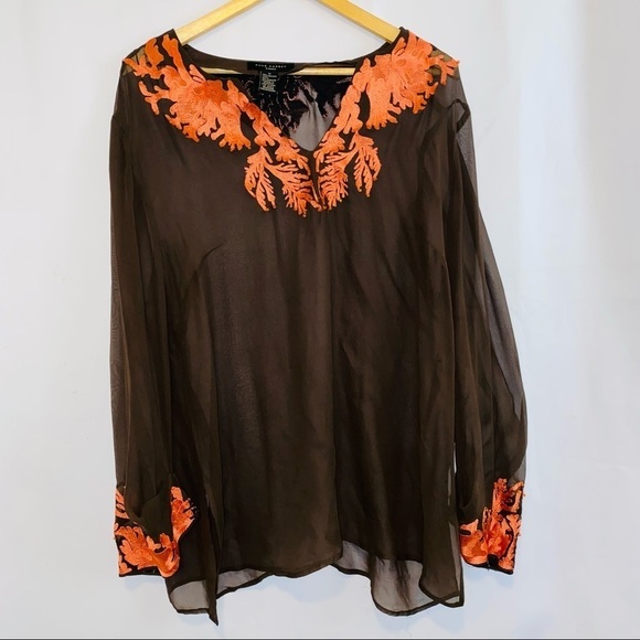 Anne Carson 100% Silk Brown Embroidered Swim Coverup Tunic Top Size 1X - Picture 3 of 8